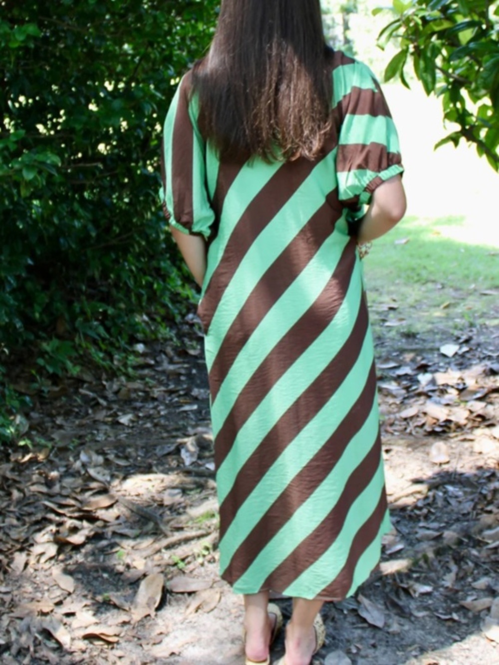 New!Entro Boutique Green & Brown Pocket Diagonal Stripe Midi Dress Size XLarge - Picture 10 of 10